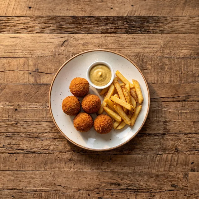 Bitterballen met frietjes en mosterd van boven op een klein bord