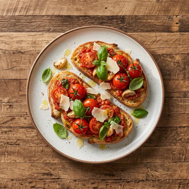 Bruschetta AXXES van boven: focaccia met tomatentapenade, trostomaten, basilicum en parmezaanschilfers op een wit bord