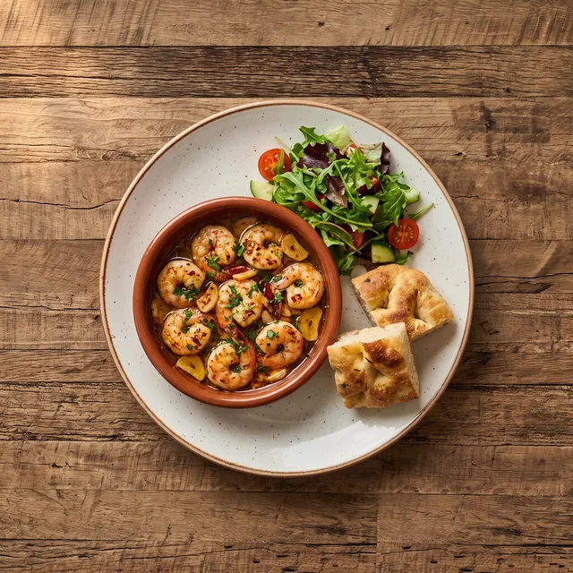 Camarones al ajillo van boven: scampi in olijfolie met look in een aardewerken schaal, met een slaatje en focaccia