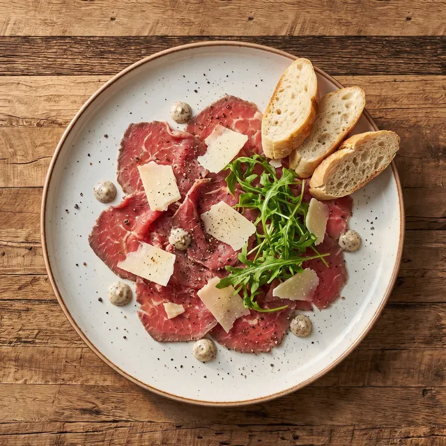 Rundercarpaccio van boven met parmezaanschilfers, rucola, truffelmayonaise en stokbrood op een wit bord