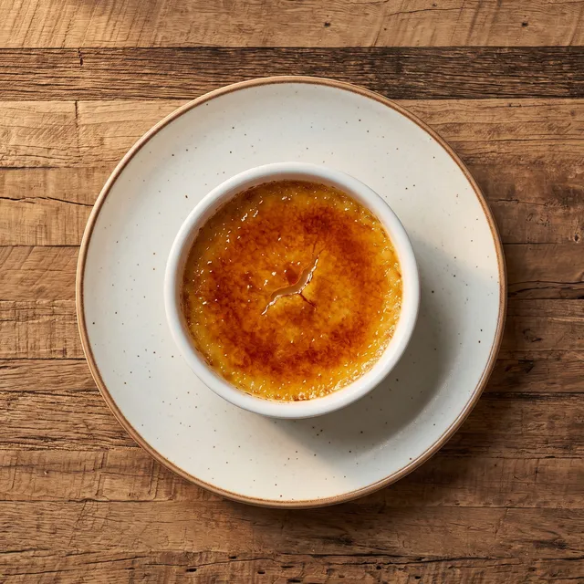 Crème brûlée van boven met een gekaramelliseerde suikerlaag in een wit potje op een wit bord
