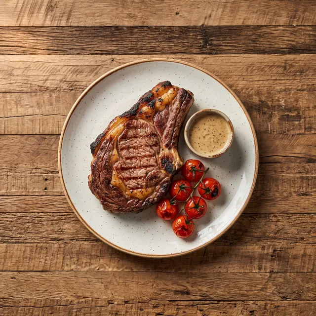 Gegrild rundvlees uit de Josper van boven, met een potje saus en gegrilde kerstomaten