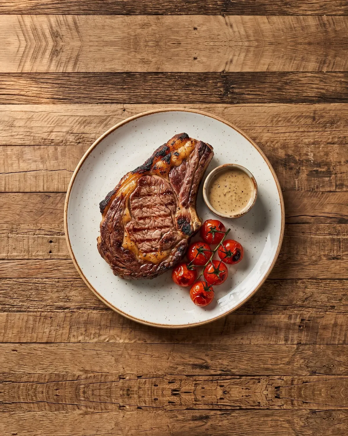 Gegrild rundvlees uit de Josper van boven, met een potje saus en gegrilde kerstomaten