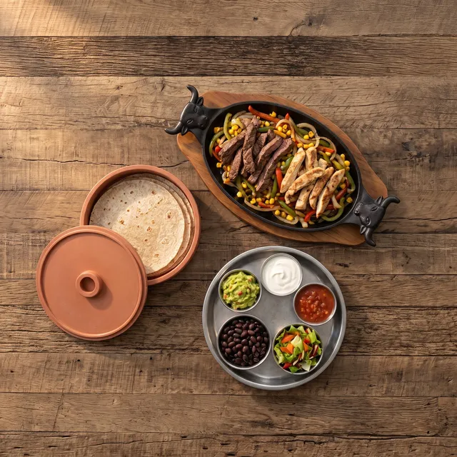 Fajitas voor twee van boven: gietijzeren pan met ossenhaas, kip en paprika, tortilla's en schaaltjes guacamole, zure room, salsa, bonen en rijst