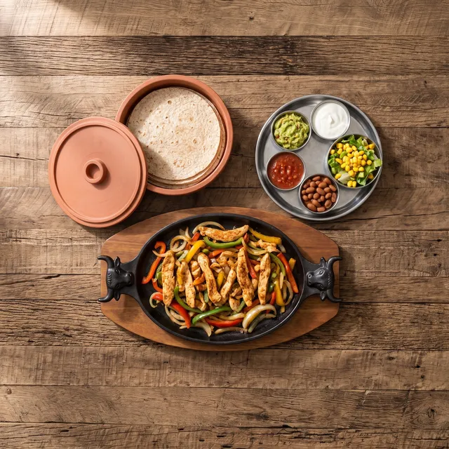 Fajitas Pollo van boven: reepjes kip met paprika en ajuin in de gietijzeren pan, met tortilla's en schaaltjes garnituur
