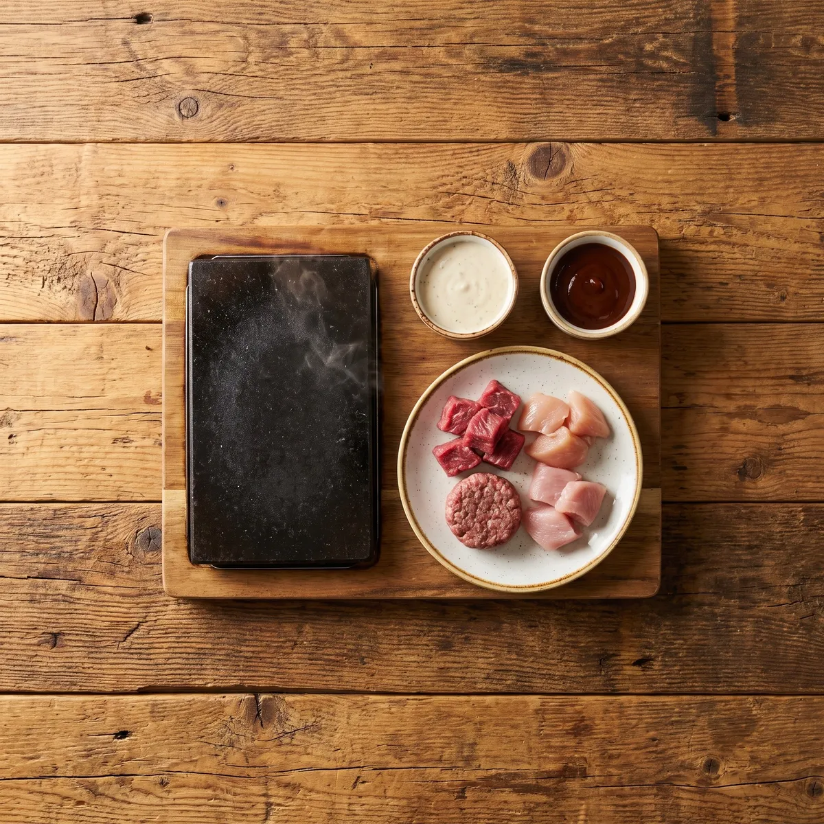 Kids stonegrill met kleine stukjes vlees om zelf te bakken