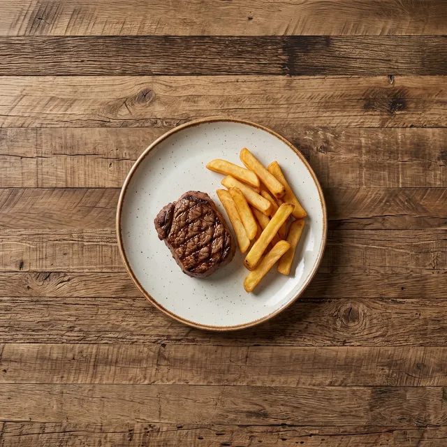 Kindersteak van boven met frietjes op een klein bord