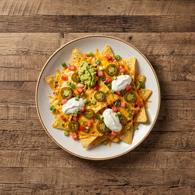 Nachos van boven: tortillachips gegratineerd met cheddar en jalapeños, met guacamole en zure room op een wit bord
