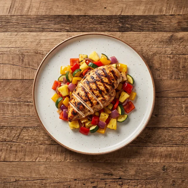 Pollo a la brasa van boven: gegrilde kipfilet op een Mexicaanse ratatouille van paprika, courgette, ananas en ajuin