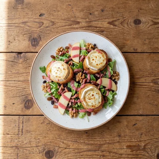 Salade chèvre van boven: gegratineerde geitenkaas op toast met noten, appel en sla op een wit bord