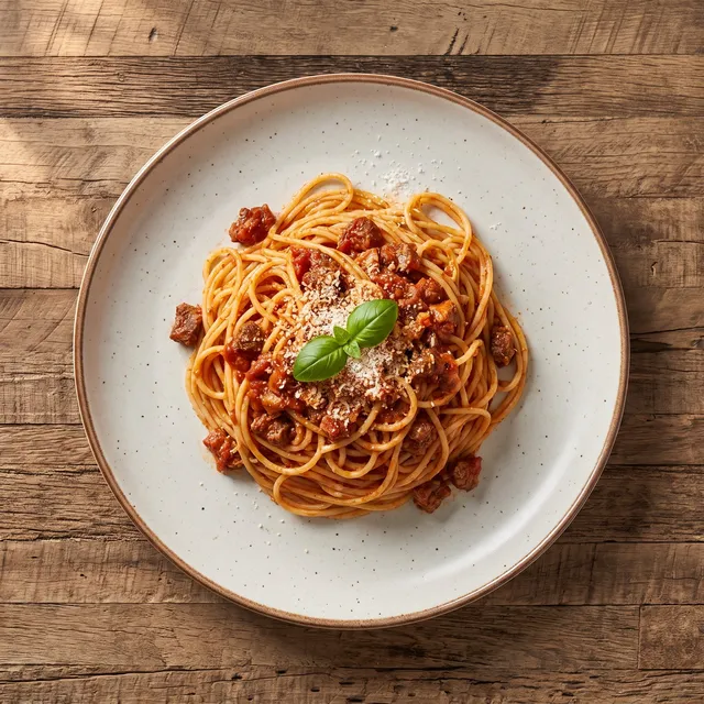 Spaghetti bolognaise van boven met geraspte kaas en een blaadje basilicum op een wit bord