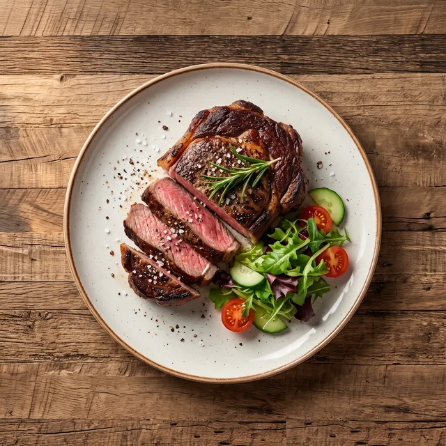 Gesneden steak natuur van boven, rosé gebakken, met rozemarijn en een frisse salade op een wit bord