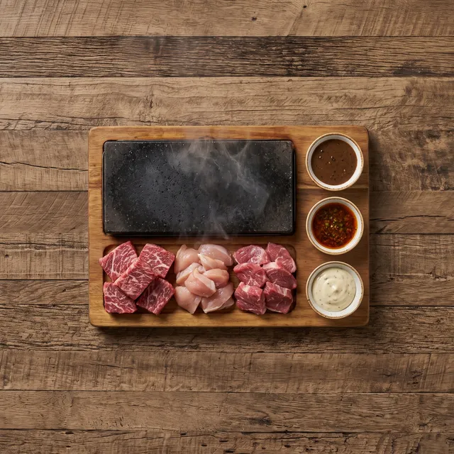Stonegrill van boven: rauw rundvlees en kip op een hete steen, met drie sausjes