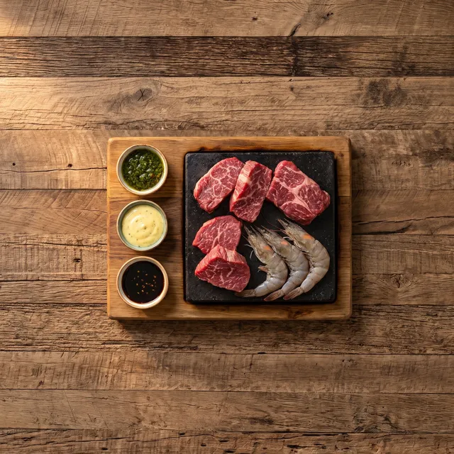 Stonegrill surf en turf van boven: hete steen met rauwe steak en scampi en drie sausjes op een plank