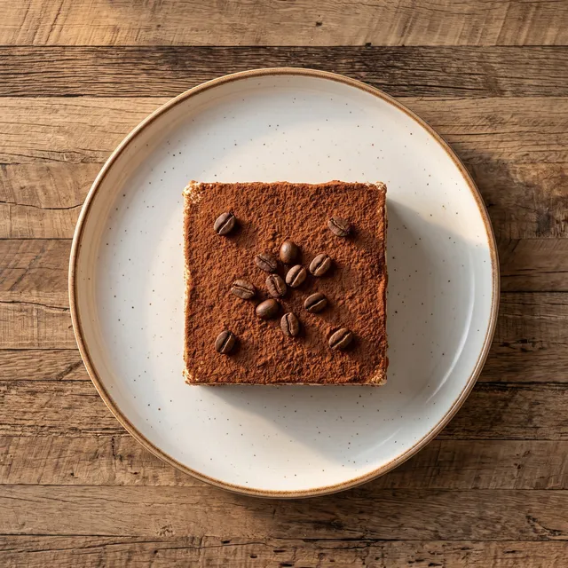 Huisgemaakte tiramisu van boven, bestrooid met cacao en afgewerkt met koffiebonen