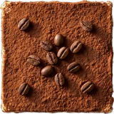 Huisgemaakte tiramisu van boven, bestrooid met cacao en afgewerkt met koffiebonen
