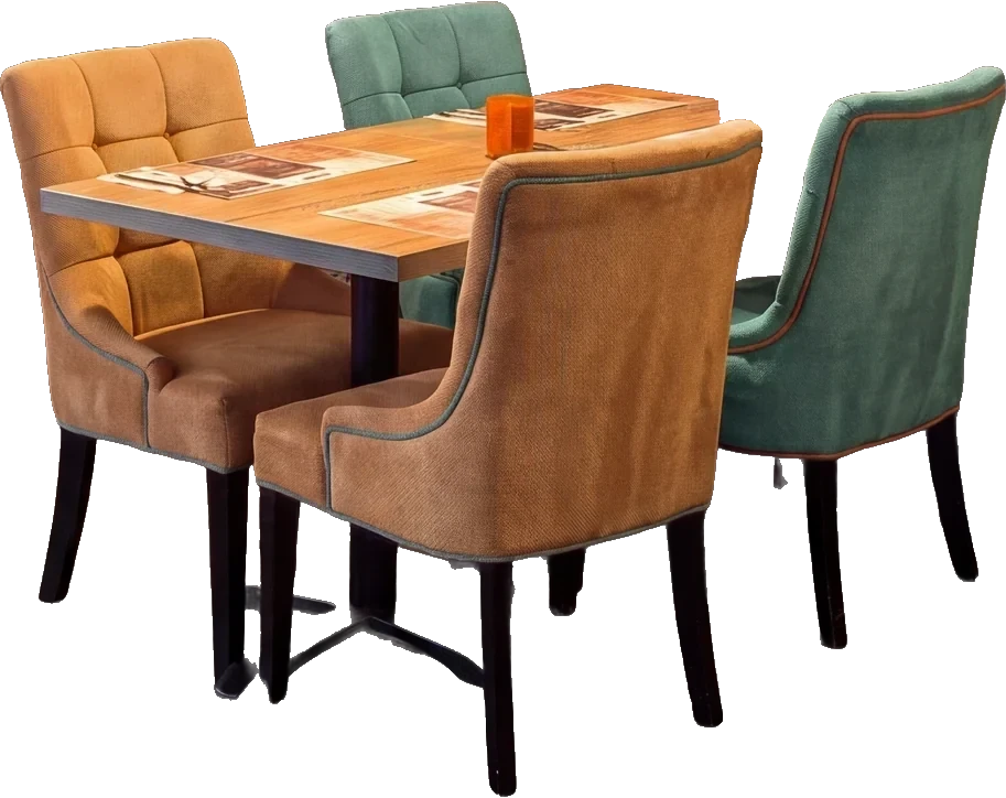 Tafel met stoelen in oker en petrol
